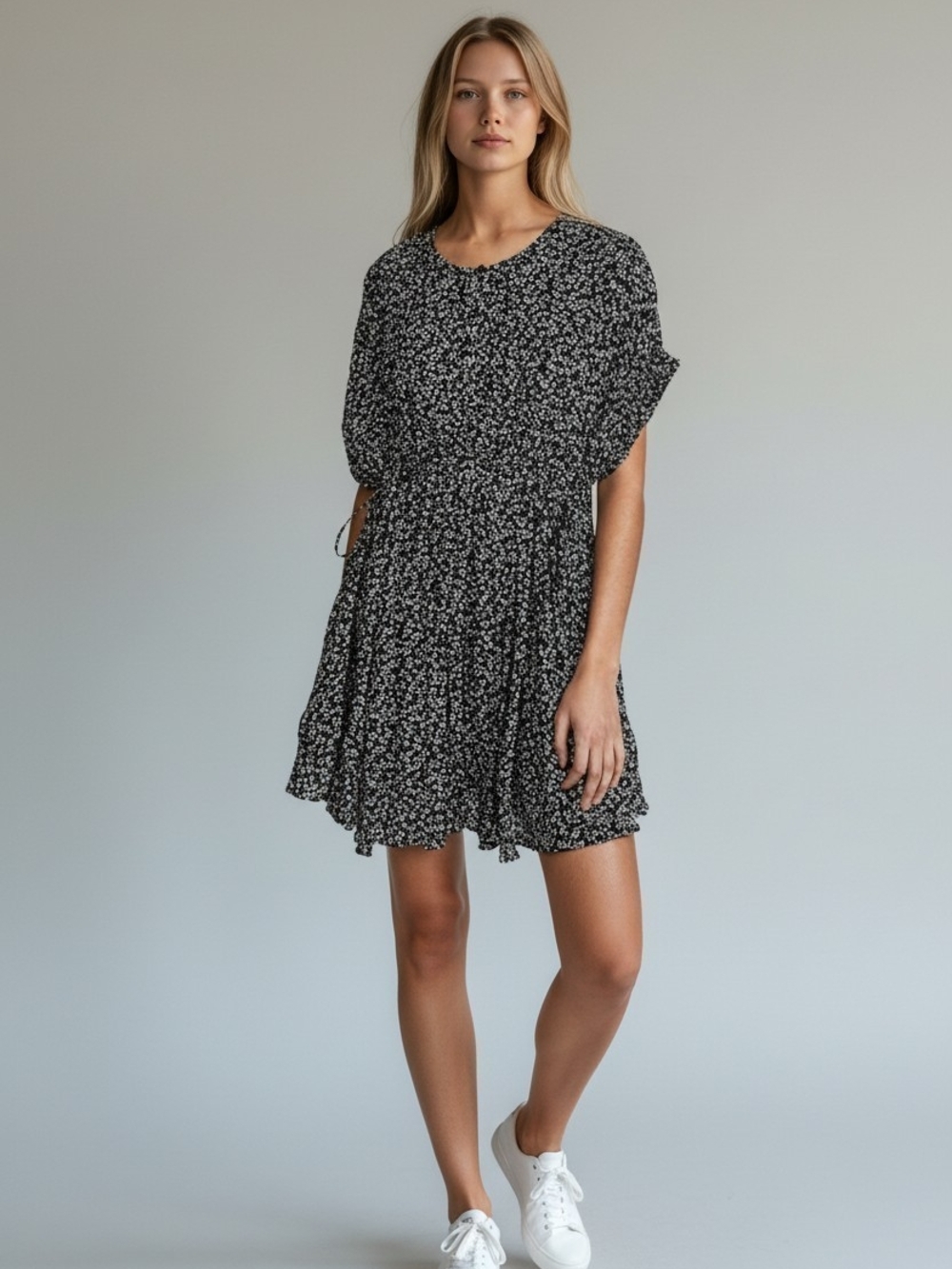 Free People One Fine Day Boho Floral Button Mini Dress Black Cream XSmall
